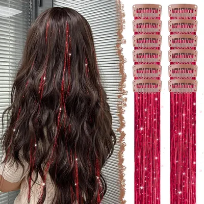 Image de Kit de mèches brillantes, 12 pièces, rouge, 50 cm, avec clips, pour filles