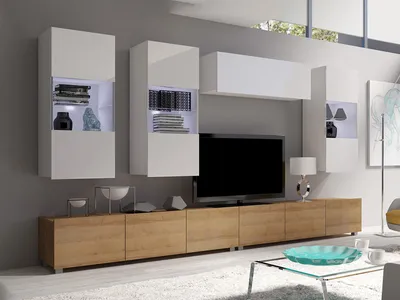 Produktbild von Wohnwand CALABRINI-5 Wohnzimmer-Set Hängewohnwand Schrankwand mit LED-Beleuchtung TV-Schrank Vitrine Moderne Anbauwand Hochglanz (Weiß / Goldene Eiche)