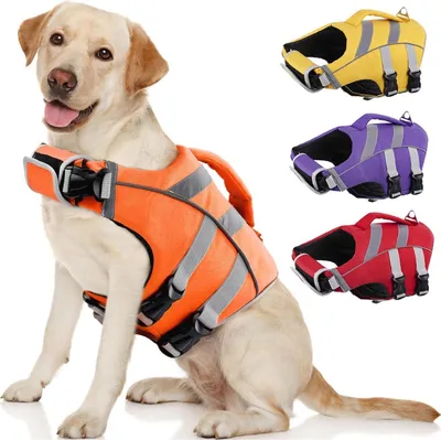 Produktbild von Schwimmweste Hund Orange Größe M mit Griff und Leinenhaken