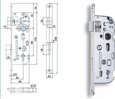 Technical drawing and photograph of a door lock mechanism.