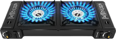Obrázok produktu pre Prenosný kempingový plynový varič – 2 horáky – 2500 W na horák – bután/propán LPG – vrátane zapaľovania – kovový – s prepravným kufrom – čierny