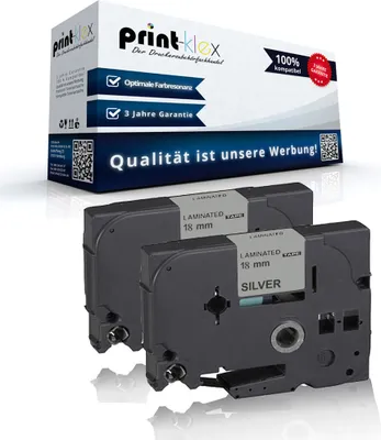 Produktbild von Print-Klex 2x Kompatible Schriftbänder kompatibel mit Bother TZE-941 P-Touch1290Series P-Touch1290VP P-Touch18R P-Touch1800E P-Touch1830VP P-Touch1850CC TZE 941 18mm x 8m TZE 941 BK-Silver Etikettenlabel - Easy Print Serie
