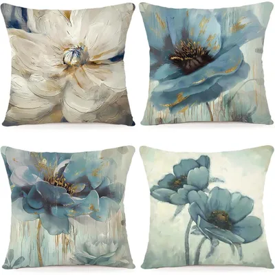 Produktbild von Kissenbezüge 50x50 cm Leinen-Mischgewebe 4er Set Abstrakte Blumen Outdoor Wohnzimmer