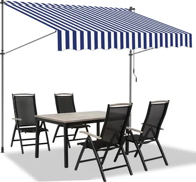 Produktbild von Faziango Markise Klemmmarkise Balkonmarkise Blau Weiß mit Handkurbel ohne Bohren Sonnenschutz UV-Schutz und wasserfestund höhenverstellbar 350cm