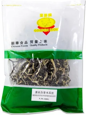 Produktbild von Golden Lion Mu-Err Pilze in Streifen 100g | Black Fungus schwarz/weiß | Streifenschnitt