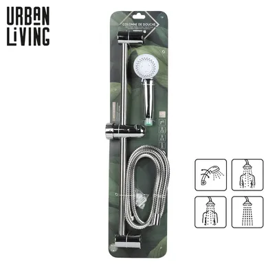 A packaged shower head set with a hose and mounting bar, displayed against a white background with a green leaf pattern on the packaging.