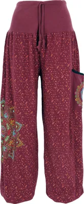 Produktbild von Weite Pluderhose mit Breitem Bund, Mandalastickerei - Weinrot, Damen, Baumwolle, Größe: L/XL