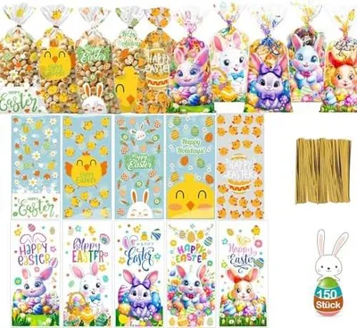 Produktbild von 150 Stück Zellophantüten Ostern, 27 x 12.5 cm Große Transparente Cellophantüten mit 150 farbigen Bändern Kekstüte, Tüten Zum Befüllen Verpackungstüten für Geschenktüten Ostern Schokolade Keks