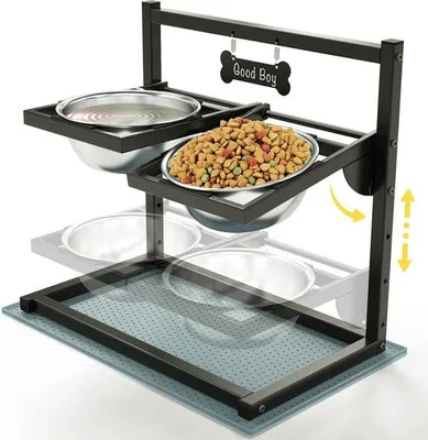 Produktbild von Famanu Erhöhte Hundenäpfe mit 4-fach höhenverstellbaren 10° geneigten Näpfen – 2 Edelstahl-Hundenäpfe (1,5L x 2) und rutschfeste Matte