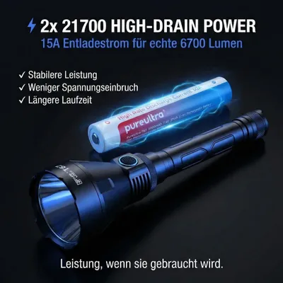 Produktbild von T67 LED Taschenlampe - Ultrahelle 6700 Lumen, 1400m Reichweite, USB-C Schnellladung, IP68 Wasserdicht, Robustes Design, Perfekt für Outdoor-Abenteuer
