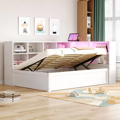 A white bed with storage and LED lighting is shown in a bedroom setting.