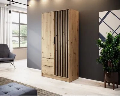 Produktbild von Zweitüriger Kleiderschrank NELA mit Lamellen 105 cm, Artisan Eiche / Artisan Eiche + Schwarz