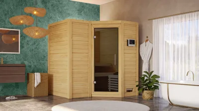 Produktbild von Karibu Sauna Innensauna Sahib 1 Eckeinstieg ohne Zubehör 193x184x208 cm ohne Dachkranz mit Graphittür