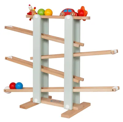 Produktbild von Stabile Kugelbahn L aus Holz Grün, 7 niedliche Mobile wie Auto, Blume, Kasper, Kugel, große Murmelbahn für Kinder ab 1 Jahr, Rennbahn für Baby und Kleinkind, Motorikspielzeug