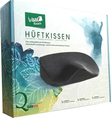 The image shows the packaging of a Vital Kissen hip cushion, with a graphic of a person and floral elements.