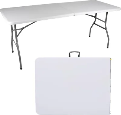 Zdjęcie produktu dla Stół składany 180x74x74 cm - Stół składany przenośny z uchwytem do przenoszenia i blokadą bezpieczeństwa - Stół składany plastikowy biały - Stół składany ogrodowy kempingowy składany - Prostokątny