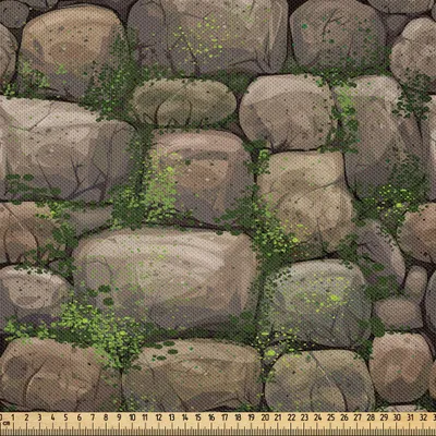 Image de ABAKUHAUS Tissu satiné naturel vendu au mètre, pierres recouvertes de mousse, formation rocheuse, forêt, thème de méditation paisible, 10 m (148 x 1000 cm), taupe foncé, vert fougère
