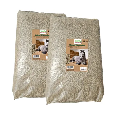 Produktbild von Weizenstreupellets 8 mm im Säcke 30 kg (15+15 kg Säcke) 100 % Naturprodukt aus Weizenstroh – staubarm, saugstark & kompostierbar – Einstreu für Pferde