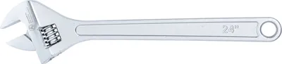 A silver adjustable wrench is shown against a white background.