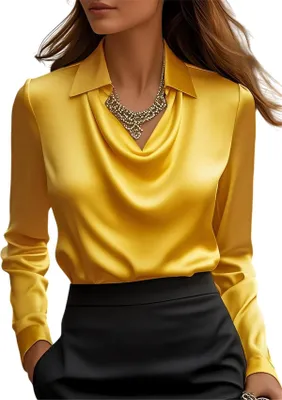 Produktbild von ASKSA Damen Satin Bluse Wasserfallkragen Elegante Oberteile Langarm Seide Hemdbluse Arbeitshemd Business Langarmshirt (Gelb,L)