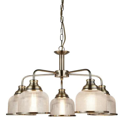 Produktbild von Bistro II Retro Pendelleuchte 5-flammig messing antik Glasschirm geriffelt