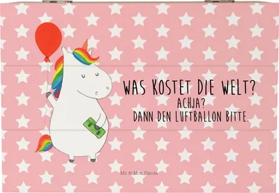 Produktbild von Mr. & Mrs. Panda Kiste Einhorn Luftballon 22 x 15 cm - Rot Pastell - Geschenk, Box, Geld, Freude, Schatzkiste, Geschenkbox, holzschatulle, Einhörner, Schatulle, Unicorn