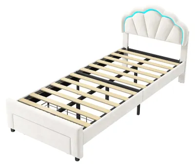Image de Lit d'enfant - Sommier 90 x 200 cm - Bois - Éclairage LED - Tiroirs avec espace de rangement - Tête de lit rembourrée en forme de fleur