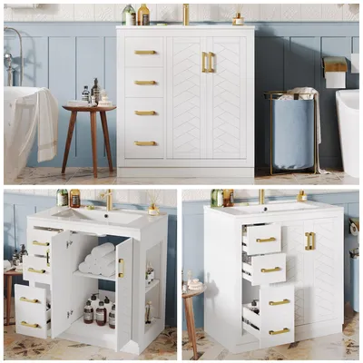 Produktbild von Waschbeckenunterschrank mit 3 Schubladen seitlicher Ablagefläche Badezimmerschrank Stauraum sanftschließenden Scharnieren Keramikbecken 76.5x46.5x84.5cm Weiß
