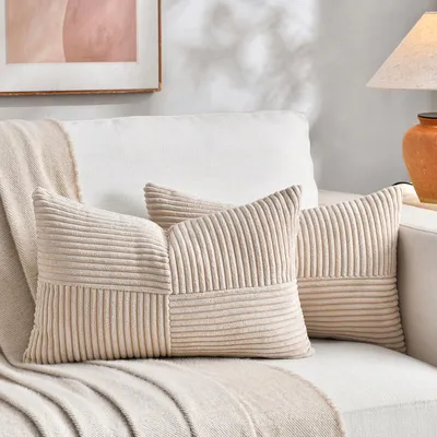 Produktbild von Set mit 2 hellkhakifarbenen Cord-Kissenbezügen, 40 x 80 cm, weich, modern, dekorativ, beige Boho-Dekoration für Sofa, Schlafzimmer, Wohnzimmer, Bett