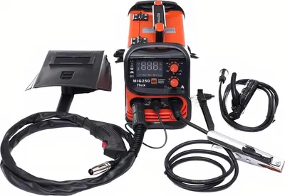 A welding machine and its accessories are displayed against a white background.