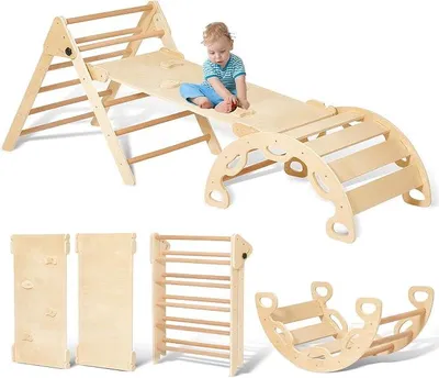 Produktbild von Montessori Kletterdreieck mit Kletterbogen und Rutsche, Holzdreieck für Kleinkinder ab 2-5, Indoor Kletterspielzeug, Hellbraunmit, M