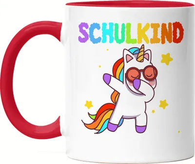Produktbild von Schulkind Tasse Rot  Einschulungsgeschenk Einhorn Unicorn Fans Buntes Motiv Regenbogen