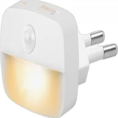 A white plug-in night light with a motion sensor and a warm yellow light.