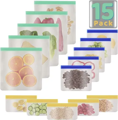 Produktbild von Dimono Wiederverwendbare Silikonbeutel 15er Set Frischhaltebeutel für Lebensmittel | 3 Größen (750-1800ml) | Auslaufsicher & BPA-frei