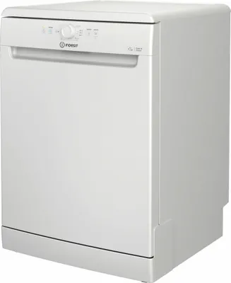 A white Indesit dishwasher is shown from a three-quarter angle against a white background.