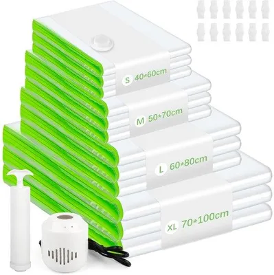 Produktbild von Set aus 12 Vakuumbeuteln mit Pumpen für effiziente Kleidungslagerei und Reisen