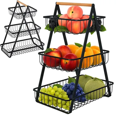 Zdjęcie produktu dla Metalowy kosz koszyk na owoce warzywa trzypoziomowy loft stojak patera czarny organizer kuchenny metal drewno