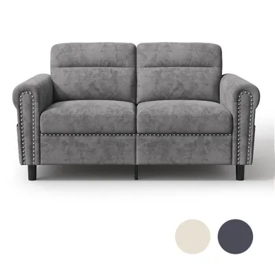 Immagine prodotto di BEALIFE Divano a 2 posti 152x76x84 cm, con vano portaoggetti, divano compatto in pelle scamosciata con supporto lombare e vano laterale, grigio scuro/bianco | Divano da salotto AR72