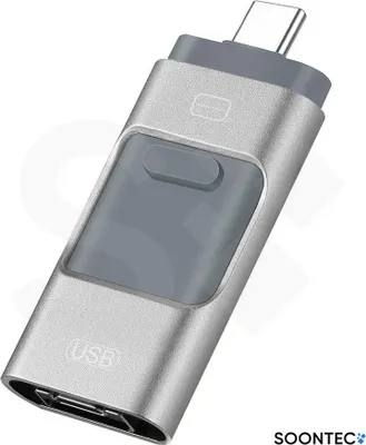 A silver USB flash drive with gray accents and a sliding mechanism.