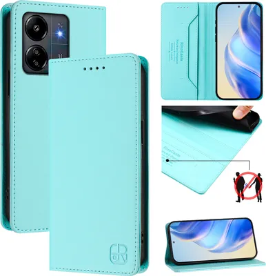 Produktbild von Lederhülle für Xiaomi Redmi 13C/Poco C65/Poco M6 5G Hülle Flip Brieftasche Kartenfächern Ständer Schutzhülle Türkis