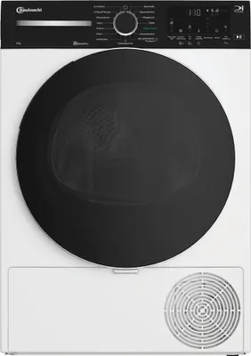A front view of a white and black tumble dryer.