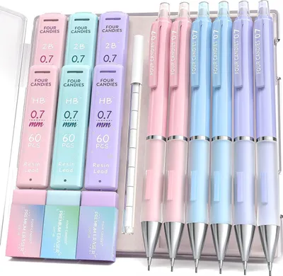 Zdjęcie produktu dla zestaw 6 SZTUK ołówków mechanicznych 0,7 mm z pastelowymi gumkami i przewodami HB&2B