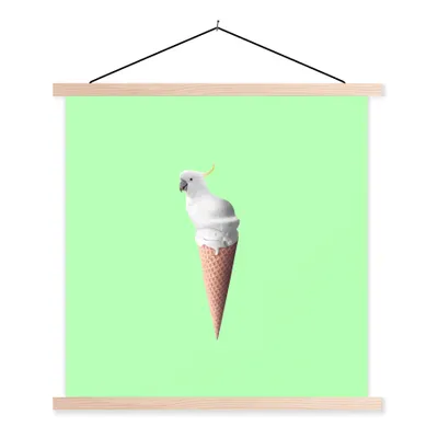 Produktbild von MuchoWow® Textilposter Papagei - Eistüten - Eiscreme - Weiß - Grün 120x120 cm mit holzfarbenen Rahmen - Textil-Poster