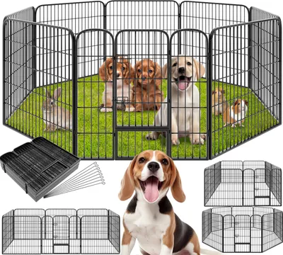 A collage of images showing a black metal pet playpen with various animals inside, including puppies, a rabbit, and a guinea pig. Also shown are accessories like a plastic tray and stakes, and a separate image of a beagle dog.