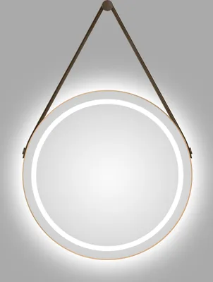 A round mirror with integrated LED lighting, suspended by a strap.