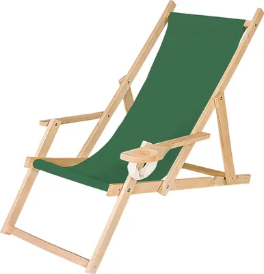 A green canvas deck chair with a wooden frame, shown isolated on a white background.