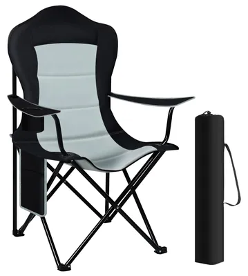 Produktbild von Klappbarer Campingstuhl - Angelstuhl - Leicht - Metallrahmen - Armlehnen - Seitentasche mit Getränkehalter - Hellgrau