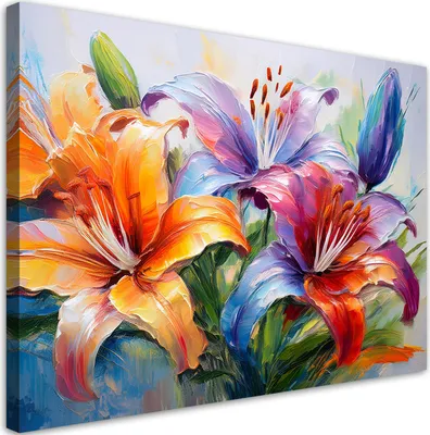 Produktbild von Leinwandbild Lilien Blumen Bunt Gemalt 120x80 Feeby Bunt bild für die wand bereit zum aufhängen