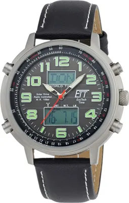 A close-up, front-facing view of a men's analog-digital watch with a black leather strap.