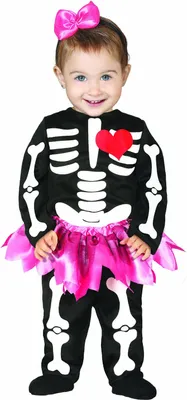 Produktbild von Halloween Skelett Tutu Jumpsuit Haarreif Pink Herz Baby Süß Gruselig Festlich Knochendesign Tüll Niedlich Charmant Einzigartig Kostüm Party, Größe: 92/98 Farbe: Schwarz